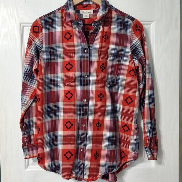 ARIAT Top Womens Small Western Shirt Red Southwest Button Up Rodeo Plaid Show - Picture 1 of 6